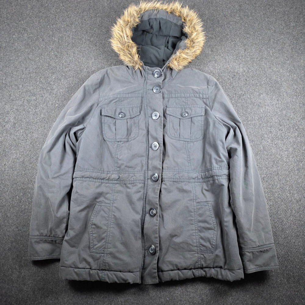 Old Navy Field Jacket Womens Med Gray Y2K Faux Fur Fleece Lined Parka Mallcore‎